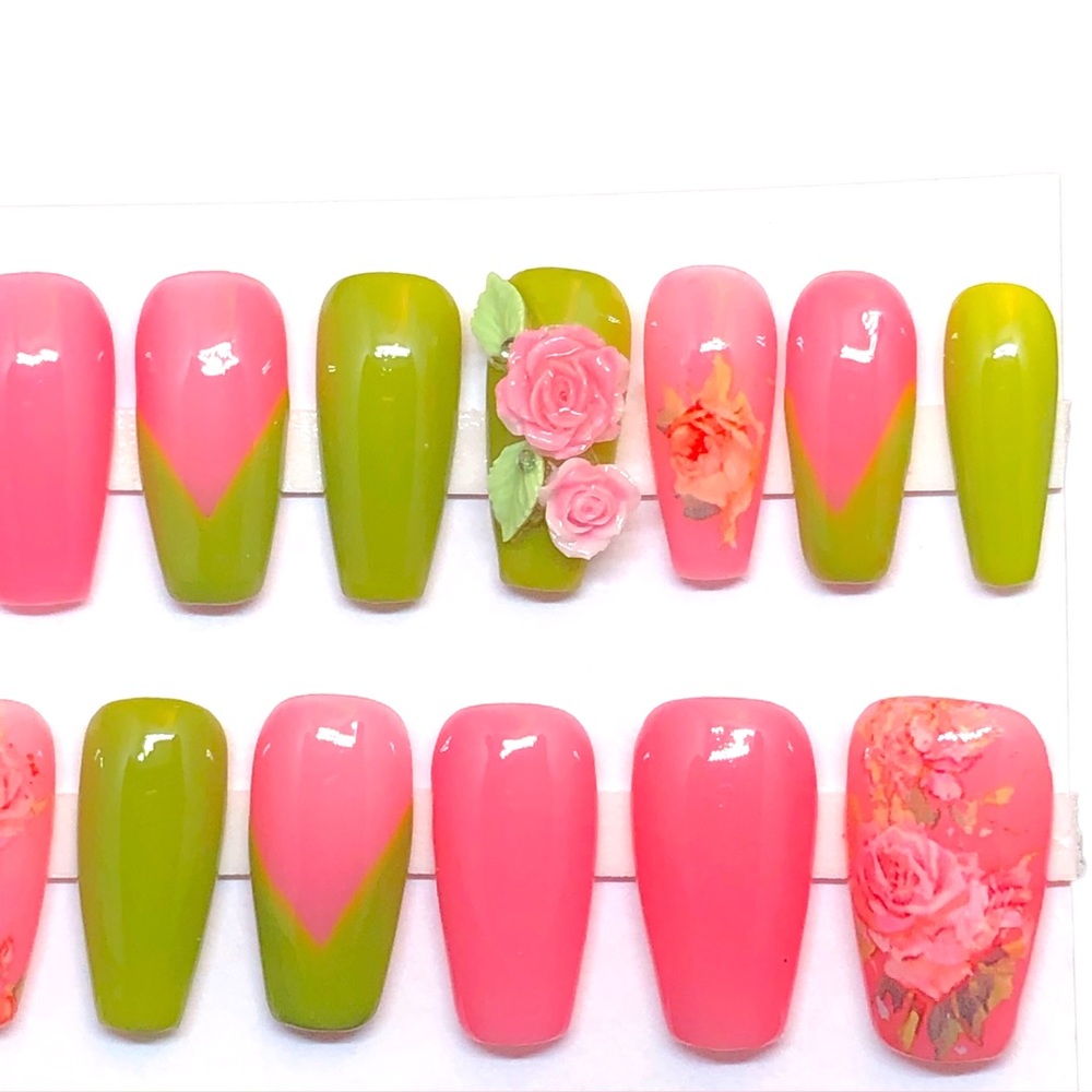 Custom Handmade Press On Nails UV Gel Long Coffin Pink Spring Roses Summer Nails - Picture 3 of 9
